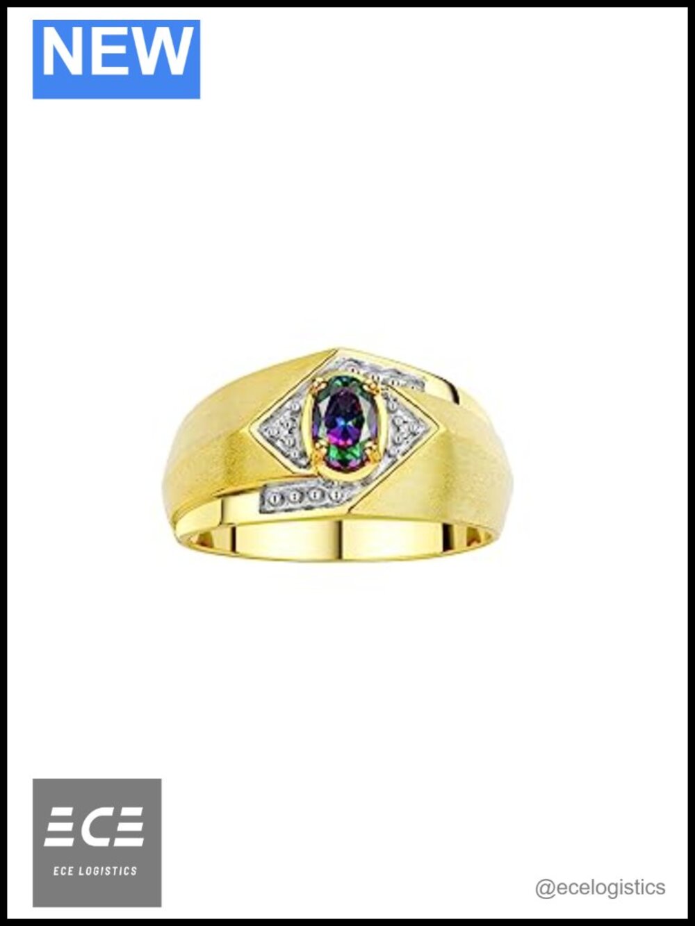Men's Oval Gemstone & Diamond Ring Yellow Gold Plated Silver
